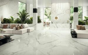 carrelage grès cérame marbre blanc brillant ou mat avec veinage gris dont design simétrique en 1.20 par 1.20 m ou 60 par 120 cm ou 1.20 par 2.40 m
