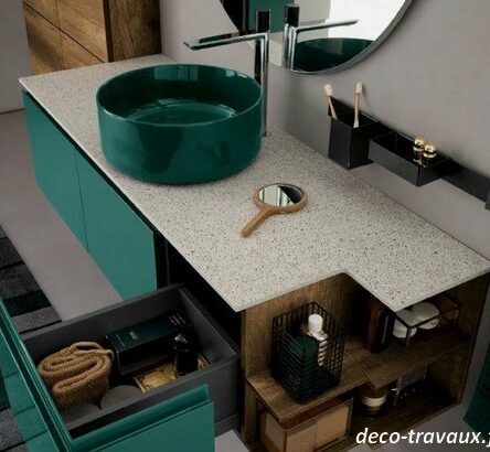 magnifique meuble salle de bains laqué vert à gorge tiroirs antracite avec vasque vert brillant, nombreux coloris disponibles