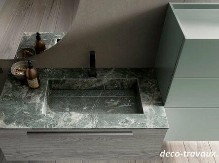 meuble salle de bain mélamine bois et couleur ici vert clair avec vasque marbre vert d'eau