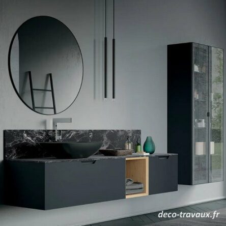 meuble salle de bain Méribel noir anthracite et bois massif avec colonne suspendue