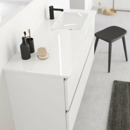 meuble salle de bains blanc mat 120 cm 2 tiroirs suspendu à gorges et vasque blanc brillant