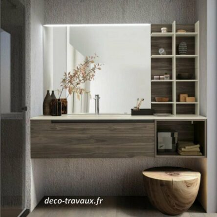 meuble salle de bains bois La Rosière en 60 à 140 ou 160 cm vasque blanche encastrée et miroir étagères