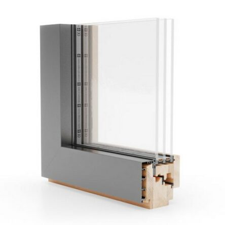 Magasin Savoie fenêtre profilé bois extérieur alu en bois lamellé collé de 4 plis pin, épicéa ou méranti lasuré, laqué RAL ou brut avec pose de 74 mm supporte vitrage de 48 mm