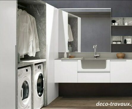 dressing avec lave linge ou seche linge, vasque laverie grise profonde et plan vasque intégré au meuble salle de bain tiroirs