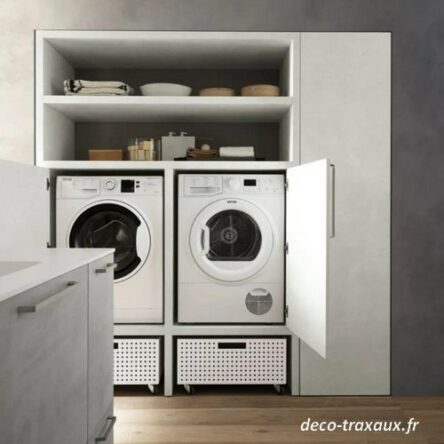 meuble blanc ou couleur pour lave machine à laver et sèche linge surélevé avec rangement tiroir caisse métal laqué à roulettes, étagères et portes