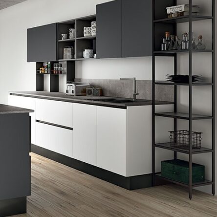 Cuisine blanche et gris anthracite mat anti trace de doigt, avec gorges, cuisiniste Bourg Saint Maurice