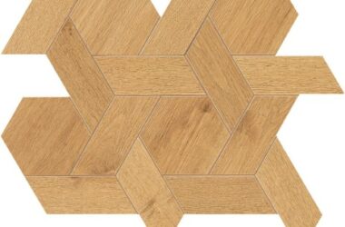 Magasin Christelle carrelage Albertville effet bois naturel mosaïque marqueterie hexagone et chevron coupé au laser et trame prête à coller pour sol ou mur