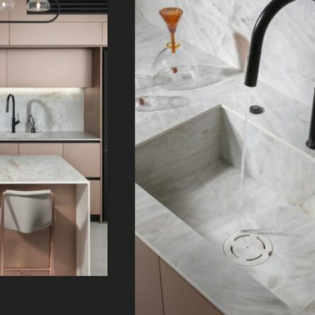 cuisine moderne rose mat avec plan de travail, crédence et évier céramique marbre crystal moderne cuisiniste Tignes Val d'Isère