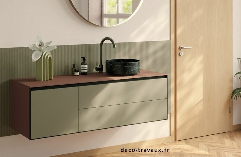 meuble standard ou sur mesure en vert ou autre coloris avec vasque arrondie ou plan vasque céramique